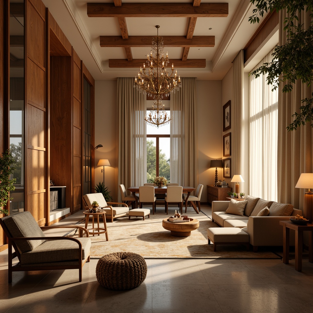 Prompt: Luxurious interior, warm ambient glow, softbox lighting, creamy whites, rich wood tones, plush furnishings, elegant chandeliers, floor lamps, table lamps, natural textiles, cozy atmosphere, inviting warmth, dramatic shadows, high contrast ratios, golden hour, backlighting, rim lighting, volumetric lighting, 3D modeling, realistic renderings, cinematic flair.