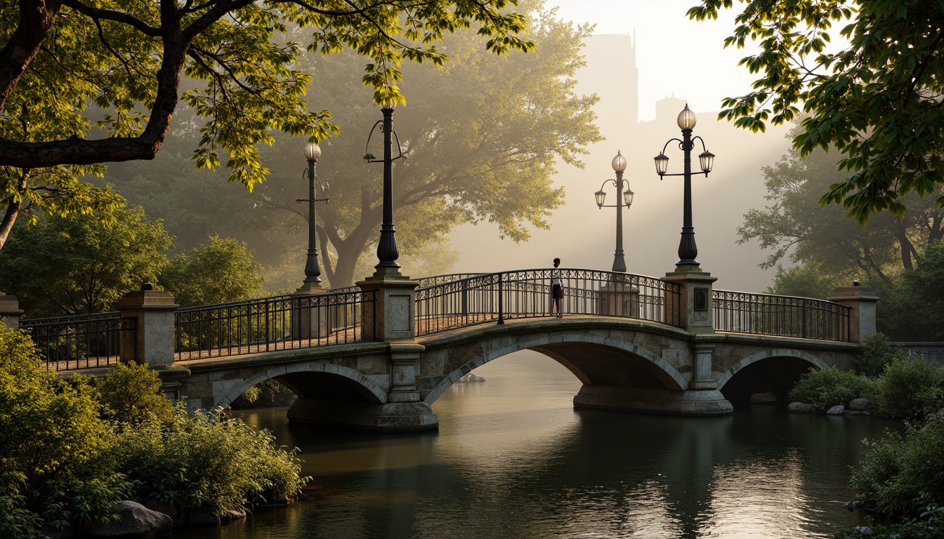 Prompt: Intricate ironwork, curved lines, flowing organic forms, ornate lamp posts, decorative railings, grand arches, majestic stone piers, moss-covered stonework, vibrant greenery, rippling water reflections, soft misty atmosphere, warm golden lighting, shallow depth of field, 1/2 composition, detailed textures, ambient occlusion.