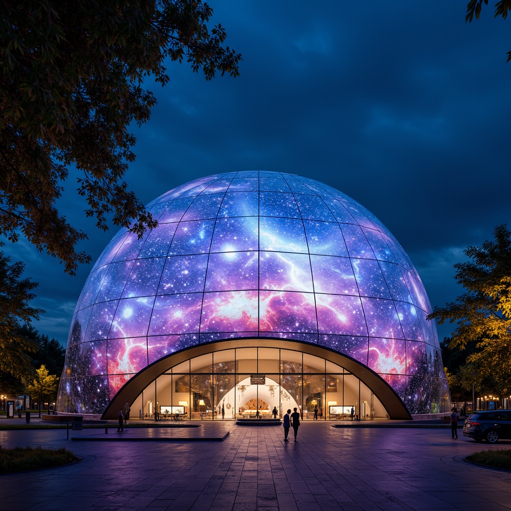 Prompt: Glowing planetarium dome, iridescent glass facade, metallic mesh panels, recycled aluminum cladding, translucent polycarbonate roofs, energy-efficient LED lighting, bioluminescent accents, futuristic astronautical design, curved lines, minimalist interiors, space-inspired furniture, zero-gravity atmosphere, immersive audiovisual experiences, 360-degree projections, virtual reality interfaces, nebula-inspired color schemes, cosmic textures, soft ambient glow, shallow depth of field, 1/1 composition, realistic renderings.