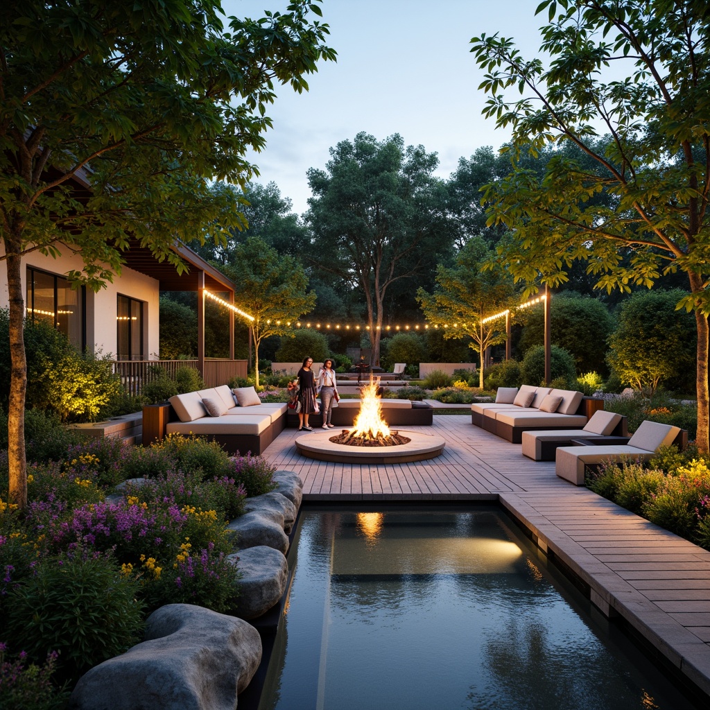 Prompt: Inviting outdoor lounge, comfortable seating areas, lush greenery, vibrant flower arrangements, natural stone walkways, wooden decks, modern patio furniture, cozy fire pit, warm string lighting, tranquil water features, serene ambiance, shallow depth of field, 3/4 composition, panoramic view, realistic textures, ambient occlusion.