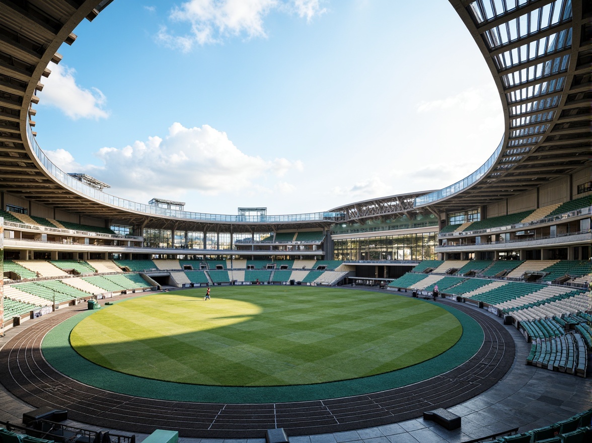 Prompt: Undulating sports track, dynamic stadium seating, vibrant green grass, sleek metal railings, curved architectural lines, modern athletic facilities, abstract geometric patterns, futuristic lighting systems, transparent glass roofs, cantilevered structures, organic shapes, smooth concrete surfaces, intricate drainage systems, winding pathways, atmospheric misting effects, 3/4 composition, panoramic view, realistic textures, ambient occlusion.