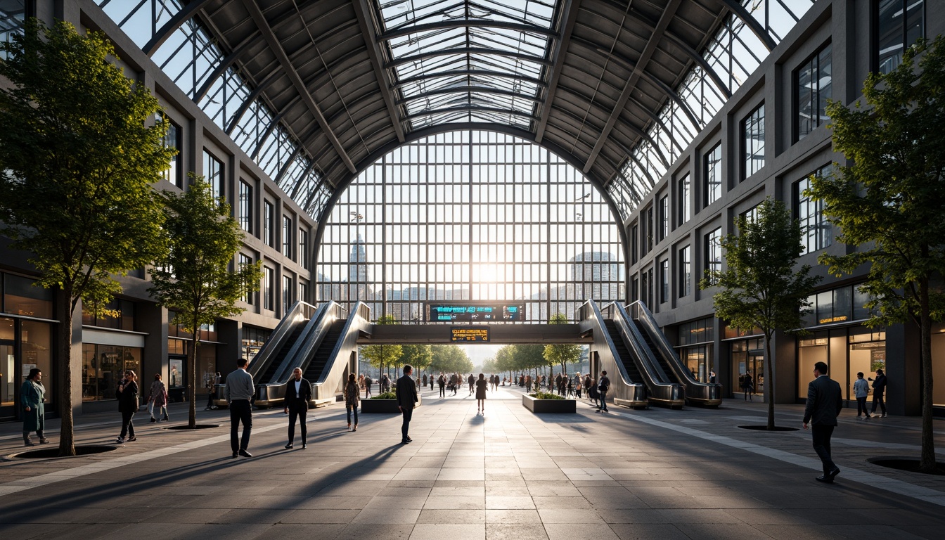 Prompt: Grand train station entrance, ornate metal gates, glass roof canopy, modern LED lighting, sleek escalators, stainless steel handrails, spacious waiting area, comfortable seating, digital departure boards, futuristic architecture, curved lines, metallic textures, atmospheric misting systems, urban cityscape, busy streets, taxi stands, pedestrian crossings, sunny afternoon, soft warm lighting, shallow depth of field, 2/3 composition, realistic reflections.