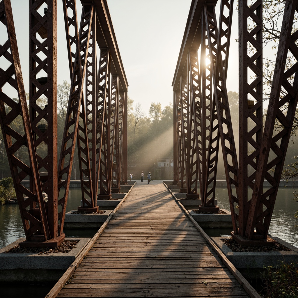 Prompt: Rustic steel bridge, industrial metal beams, weathered wooden planks, rough stone piers, misty river surroundings, serene natural atmosphere, warm sunlight filtering through latticework, atmospheric perspective, shallow depth of field, 2/3 composition, realistic rust textures, ambient occlusion, intricate structural details.