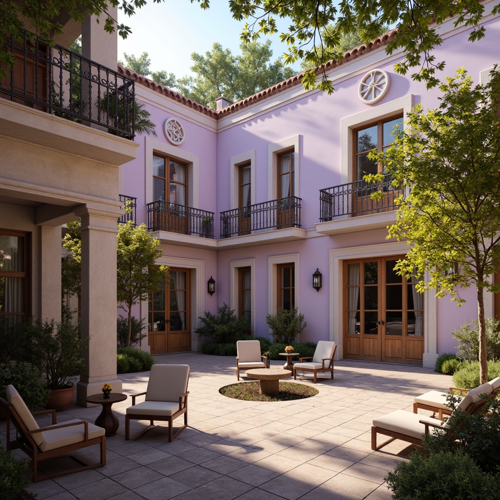 Prompt: Soft lilac hues, whimsical botanical accents, delicate ironwork details, romantic French Renaissance architecture, lush greenery, ornate balconies, intricately carved wooden doors, pastel-colored stucco walls, elegant fountains, warm golden lighting, shallow depth of field, 1/2 composition, dreamy atmospheric effects, realistic textures, ambient occlusion.