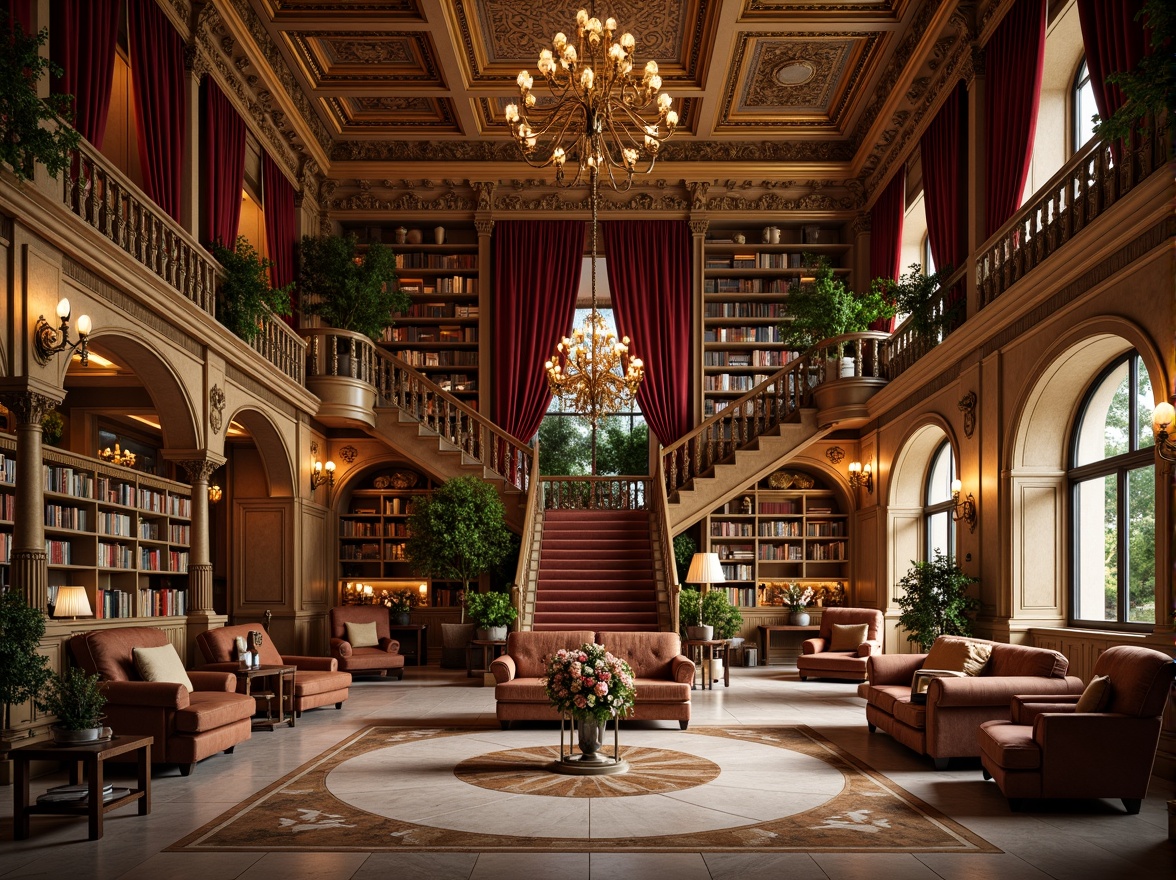 Prompt: Grandiose library interior, ornate furnishings, rich velvet drapes, golden accents, intricate carvings, polished marble floors, warm candlelight, lavish bookshelves, leather-bound tomes, opulent chandeliers, grand staircases, dramatic archways, warm beige walls, deep crimson reds, luxurious emerald greens, regal blues, soft cream whites, subtle texture overlays, realistic wood grain, ornate metalwork details, shallow depth of field, 1/2 composition, warm softbox lighting.