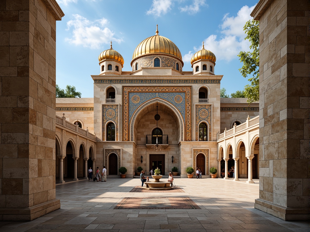 Prompt: Majestic Byzantine-style building, intricately carved stone fa\u00e7ade, golden domes, ornate archways, vibrant mosaics, richly textured walls, grand entrance gates, imposing columns, ornamental capitals, lavish ornamentation, warm earthy tones, soft afternoon lighting, subtle shadows, 1/2 composition, dramatic perspective, highly detailed textures, ambient occlusion.