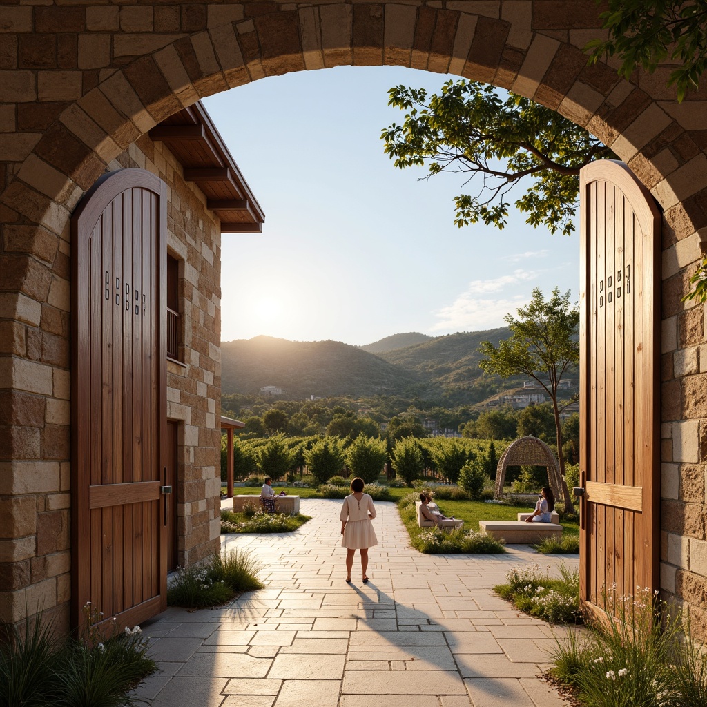 Prompt: Rustic winery, Mediterranean style, curved stone walls, wooden accents, large wooden doors, metal cladding, perforated screens, green roofs, vineyard views, rolling hills, sunny afternoon, warm golden lighting, shallow depth of field, 1/1 composition, realistic textures, ambient occlusion.