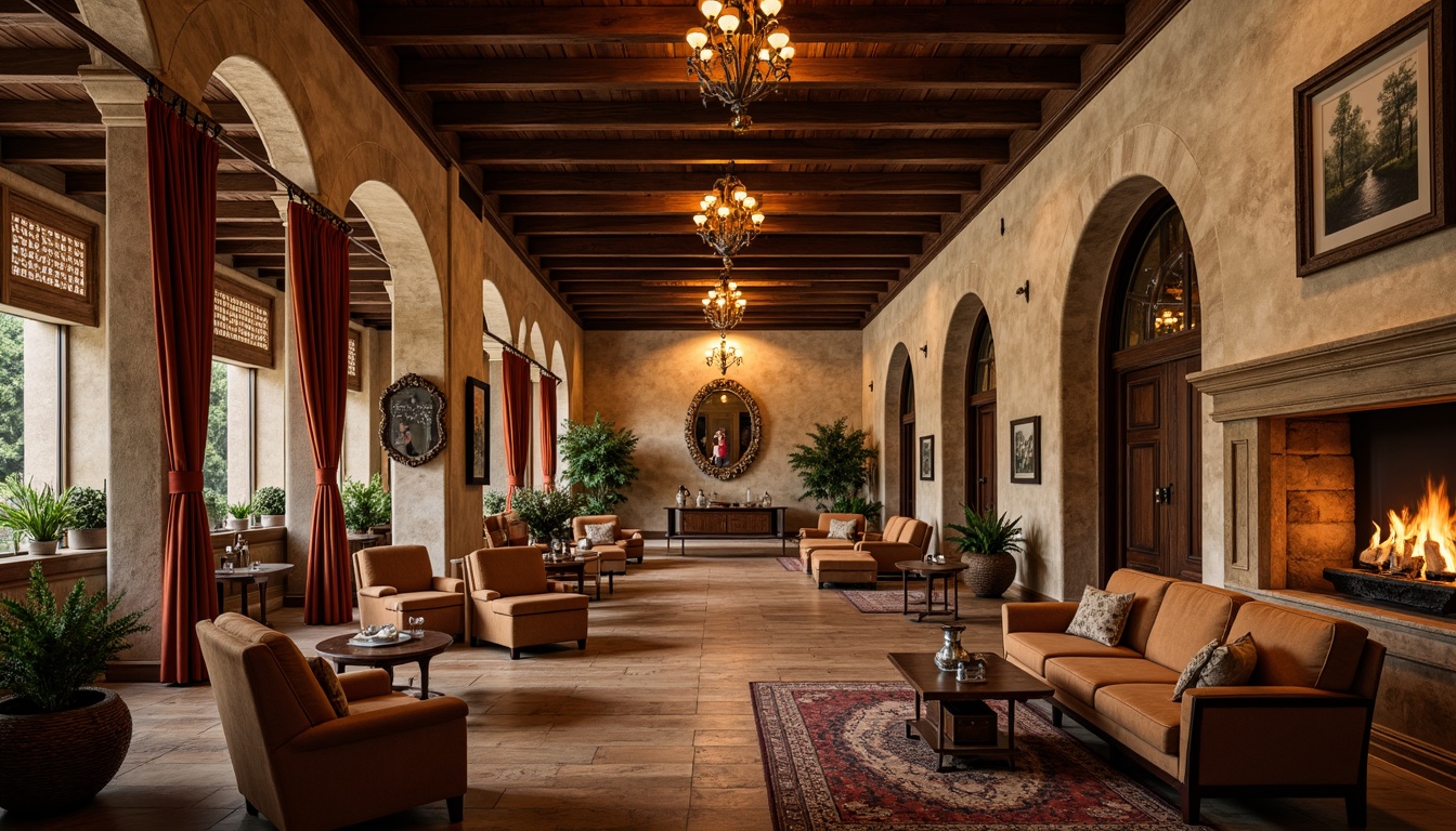 Prompt: Rustic hotel lobby, natural stone walls, wooden beam ceilings, earthy color palette, warm ambient lighting, comfortable seating areas, plush furnishings, velvet drapes, Romanesque archways, ornate columns, intricate carvings, cozy fireplaces, wooden floorboards, woven textiles, organic patterns, botanical prints, vintage decor pieces, soft music, aromatic scents, candlelit ambiance, warm color tones, inviting atmosphere.