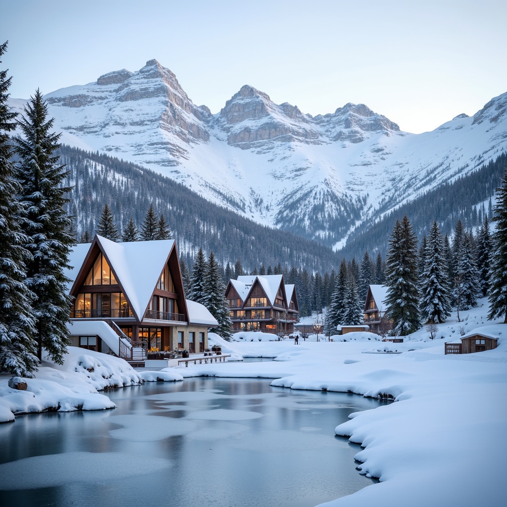 Prompt: Snow-capped mountain peaks, pine tree forests, serene frozen lake, ski trails, chairlifts, gondolas, modern ski center architecture, angular wooden buildings, large windows, snow-covered roofs, rustic stone walls, cozy fireplaces, warm lighting, snowy winter scene, misty morning atmosphere, 1/1 composition, shallow depth of field, realistic textures, ambient occlusion.