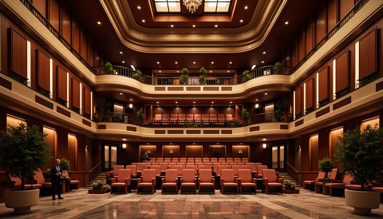 Prompt: Elegant auditorium interior, rich wooden panels, polished marble floors, plush velvet seats, ornate metal railings, grand chandeliers, sophisticated sound systems, acoustic ceiling tiles, luxurious carpeting, intricate stone carvings, warm ambient lighting, soft focused spotlights, 1/2 composition, shallow depth of field, cinematic perspective, realistic reflections, high-dynamic-range rendering.