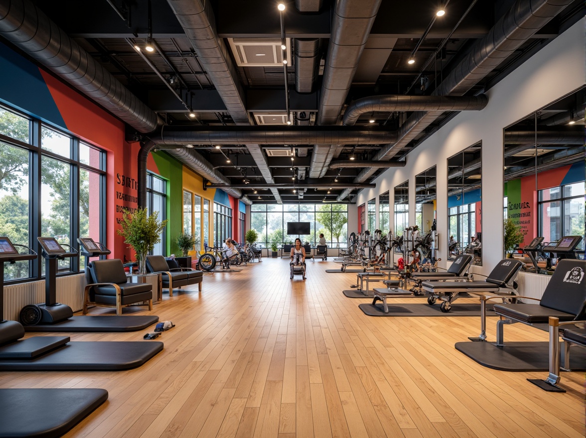 Prompt: Modern fitness club interior, high-ceilinged space, mirrored walls, polished wooden floors, sleek metal equipment, vibrant colorful accents, motivational quotes, spacious workout areas, free weight sections, cardio zones, strength training machines, yoga mats, Pilates reformers, spinning bikes, comfortable lounge seating, LED lighting, industrial-style ductwork, exposed concrete columns, urban-chic atmosphere, dynamic diagonal lines, asymmetrical composition, shallow depth of field, 2/3 perspective view.