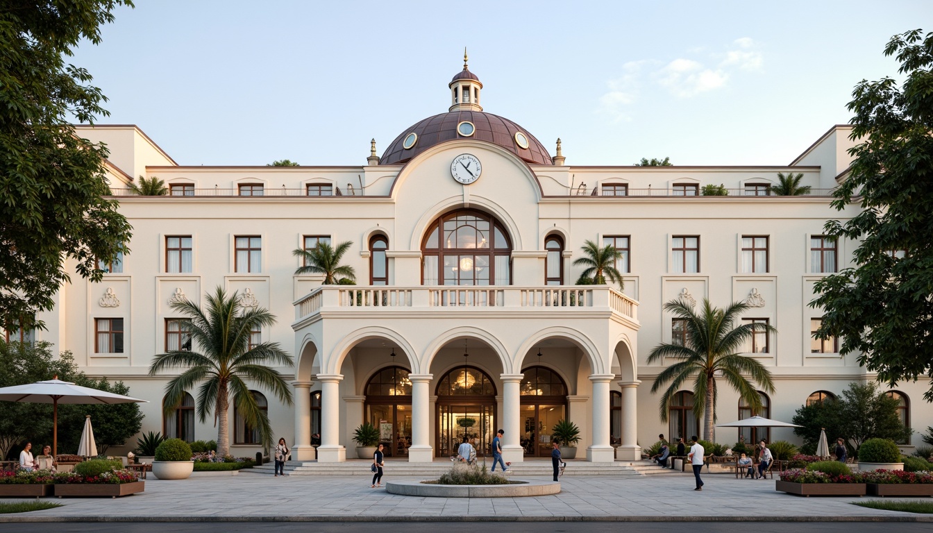 Prompt: Grand hospital entrance, ornate columns, symmetrical facade, elegant arches, intricately carved stonework, majestic dome, imposing clock tower, refined neoclassical details, soft cream-colored walls, subtle rustication, dignified portico, comfortable outdoor seating areas, lush greenery, vibrant flower arrangements, warm natural lighting, shallow depth of field, 1/2 composition, realistic textures, ambient occlusion.