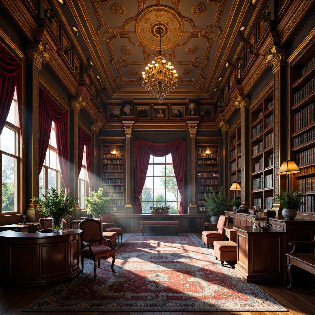 Prompt: Richly ornamented library interior, warm golden lighting, intricately carved wooden shelves, ornate marble columns, gilded frames, luxurious velvet drapes, grand chandeliers, richly patterned rugs, lavish furnishings, opulent decorative elements, bold crimson accents, deep blue hues, muted earth tones, subtle cream highlights, dramatic shadows, atmospheric mist, soft focus, 1/2 composition, cinematic perspective, highly detailed textures, ambient lighting.