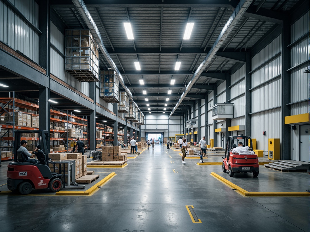 Prompt: Efficient distribution center, modern industrial architecture, sleek metal buildings, loading docks, cargo elevators, conveyor belts, storage racks, packing stations, shipping containers, fluorescent lighting, high ceilings, polished concrete floors, urban landscape, busy streets, 1/2 composition, shallow depth of field, realistic textures, ambient occlusion.