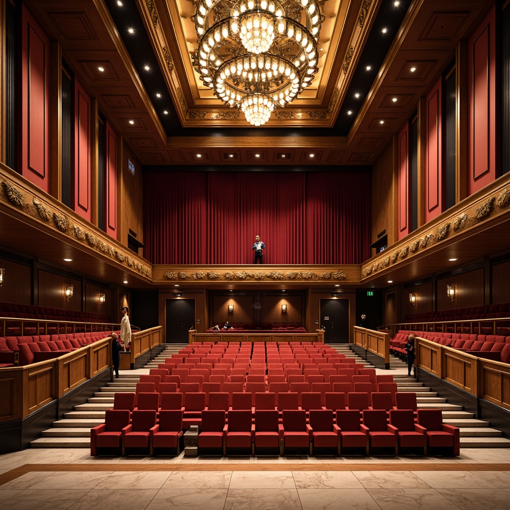 Prompt: Luxurious auditorium interior, rich wood accents, polished marble floors, plush velvet seats, ornate gold details, grand chandeliers, soft warm lighting, subtle shadows, 3/4 composition, realistic textures, ambient occlusion, velvety smooth walls, acoustic paneling, intricate ceiling patterns, regal crimson curtains, sophisticated sound systems, elegant staircases, refined metal railings.