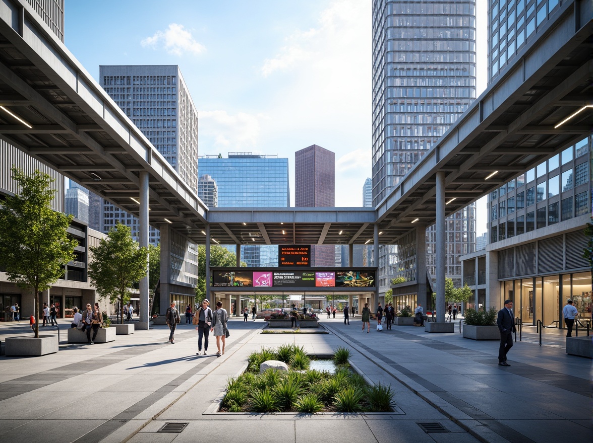 Prompt: Modern bus station, sleek metal framework, cantilevered roofs, large glass facades, minimalist aesthetic, neutral color palette, urban landscape, bustling city streets, pedestrian traffic, vibrant signage, LED displays, futuristic architecture, angular lines, geometric shapes, stainless steel columns, polished concrete floors, ample natural light, high ceilings, open spaces, efficient circulation paths, passenger information systems, digital wayfinding, real-time bus tracking, sustainable design elements, green roofs, rainwater harvesting systems, energy-efficient lighting, panoramic city views, shallow depth of field, 1/2 composition, symmetrical framing.