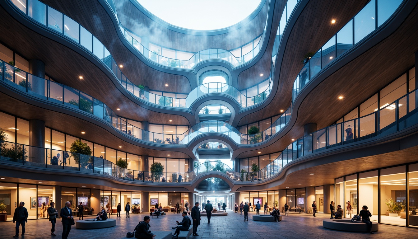 Prompt: Undulating building facade, flowing curves, organic shapes, futuristic architecture, sleek metallic surfaces, iridescent glass, luminous LED lights, atmospheric mist, shallow depth of field, 1/1 composition, panoramic view, realistic reflections, ambient occlusion, soft warm lighting, modern interior design, minimalist decor, ergonomic furniture, vibrant colorful accents, intricate patterns, dynamic circulation paths, futuristic transportation hubs, urban cityscape.