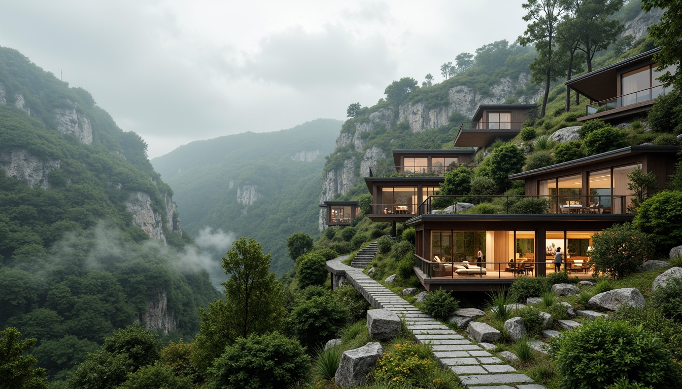 Prompt: Ethereal mountainside, lush vegetation, winding stone pathways, modern minimalist architecture, cantilevered roofs, floor-to-ceiling windows, natural light flooding interior spaces, rustic wooden accents, earthy tone color palette, misty atmosphere, soft diffused lighting, 1/1 composition, shallow depth of field, realistic textures, ambient occlusion, harmonious integration with surroundings.