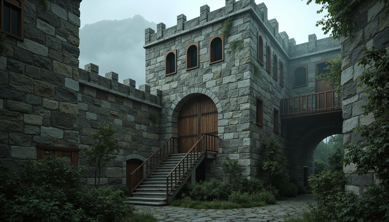 Prompt: Watchtower with rugged stone walls, fortified battlements, narrow windows, wooden palisades, rusty metal gates, crumbling stonework, overgrown ivy, moss-covered roofs, weathered wooden doors, ancient architecture, medieval-inspired design, dramatic lighting, high-angle shot, atmospheric fog, mysterious ambiance, intricate stonework patterns, worn stone staircases, grandiose scale, cinematic composition.