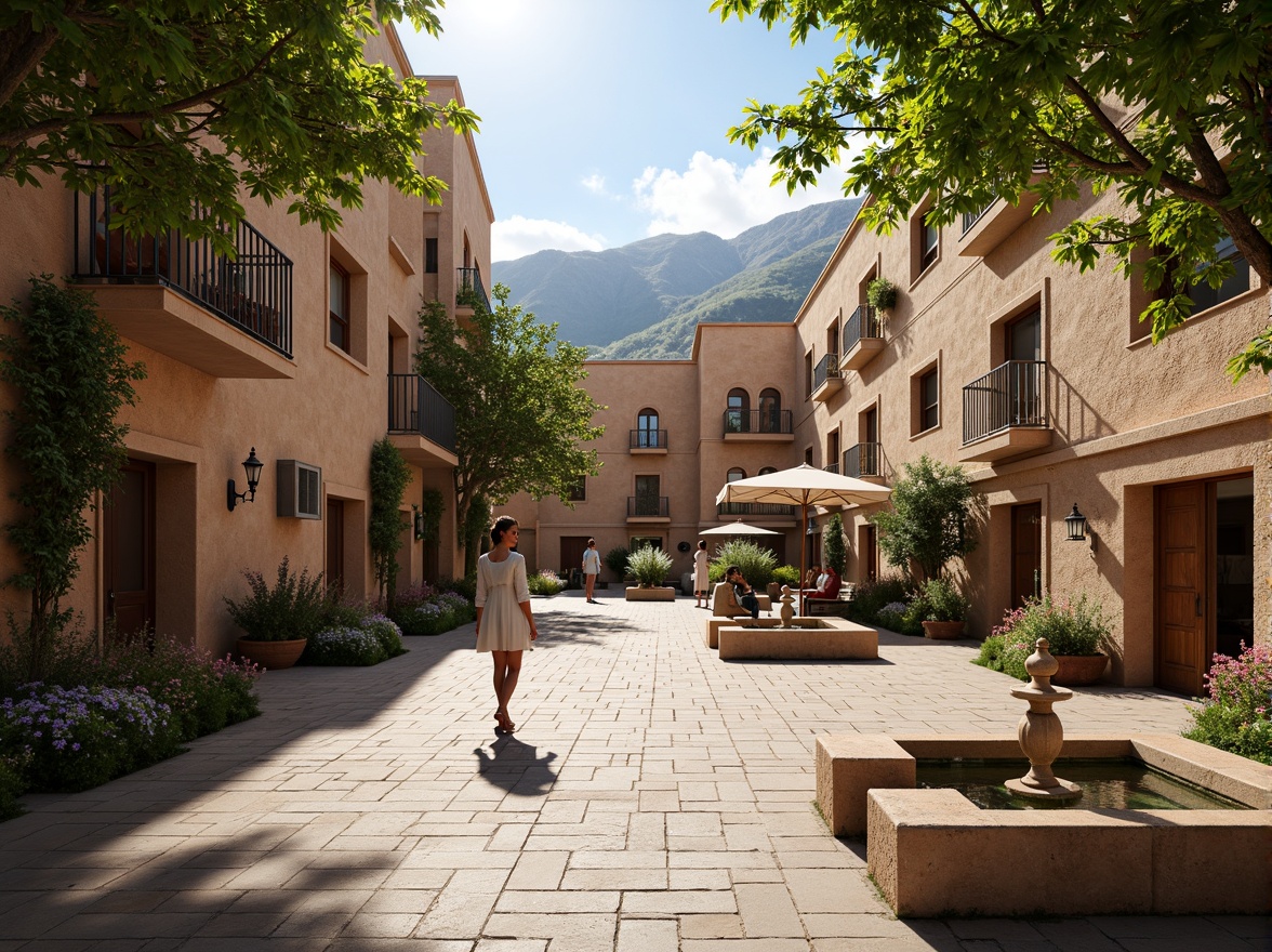 Prompt: Rustic market square, ancient Romanesque buildings, earthy tones, stone facades, arched windows, ornate doorways, vibrant flower arrangements, lush greenery, wooden benches, decorative fountains, natural stone pavements, charming street lamps, warm afternoon sunlight, soft shadows, 1/1 composition, atmospheric perspective, realistic textures, subtle ambient occlusion.