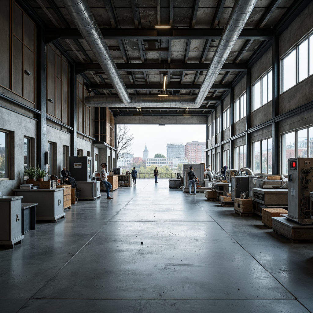 Prompt: Industrial warehouse, exposed ductwork, polished concrete floors, steel beams, minimalist decor, functional lighting, open-plan layout, large windows, natural ventilation, abundant daylight, sleek metal machinery, modern manufacturing equipment, urban landscape, overcast sky, soft diffused lighting, shallow depth of field, 1/1 composition, realistic textures, ambient occlusion.