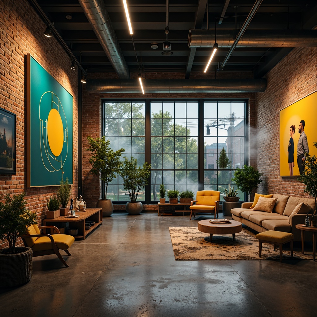 Prompt: Vibrant modern art studio, industrial chic aesthetic, exposed brick walls, polished concrete floors, eclectic furniture pieces, abstract artwork, bold geometric patterns, rich turquoise accents, deep charcoal grey backgrounds, warm golden lighting, atmospheric misty effects, 3/4 composition, cinematic shallow depth of field, realistic texture overlays.