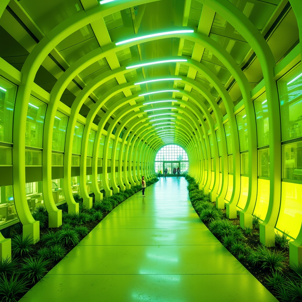 Prompt: Vibrant lime green walls, bold citrus hues, neon accents, futuristic architecture, curved lines, sleek metallic surfaces, iridescent glass fa\u00e7ades, abstract geometric patterns, electric blue undertones, warm yellow lighting, shallow depth of field, 1/1 composition, panoramic view, realistic textures, ambient occlusion.