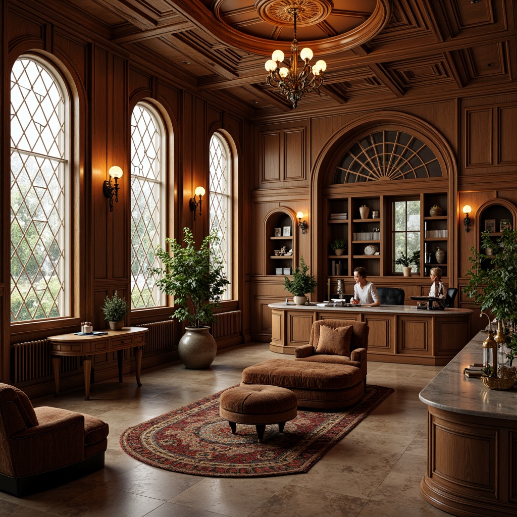 Prompt: Luxurious office space, Art Nouveau style, ornate wooden furniture, curved lines, organic forms, flowing patterns, vintage lighting fixtures, stained glass windows, rich textiles, velvet upholstery, metallic accents, bronze hardware, natural stone flooring, marble countertops, earthy color palette, warm ambient lighting, shallow depth of field, 1/1 composition, intimate atmosphere, realistic materials, detailed ornaments.