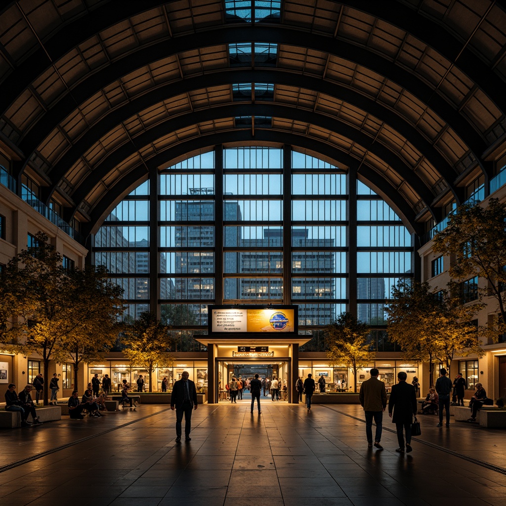 Prompt: Grand train station entrance, high ceilings, modern architecture, large glass windows, steel frames, automatic sliding doors, bustling crowd, urban landscape, vibrant city lights, nighttime scene, warm yellow lighting, shallow depth of field, 1/1 composition, realistic textures, ambient occlusion.