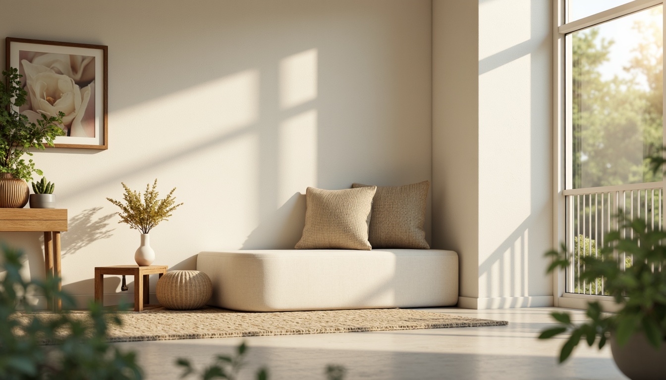 Prompt: Soft warm lighting, calming atmosphere, serene interior design, natural earth tones, soothing color palette, gentle pastel hues, creamy whites, warm beige, soft sage green, muted blues, elegant grays, harmonious contrast, subtle texture variations, organic material accents, minimalist decor, peaceful ambiance, morning sunlight, shallow depth of field, 3/4 composition, realistic render.