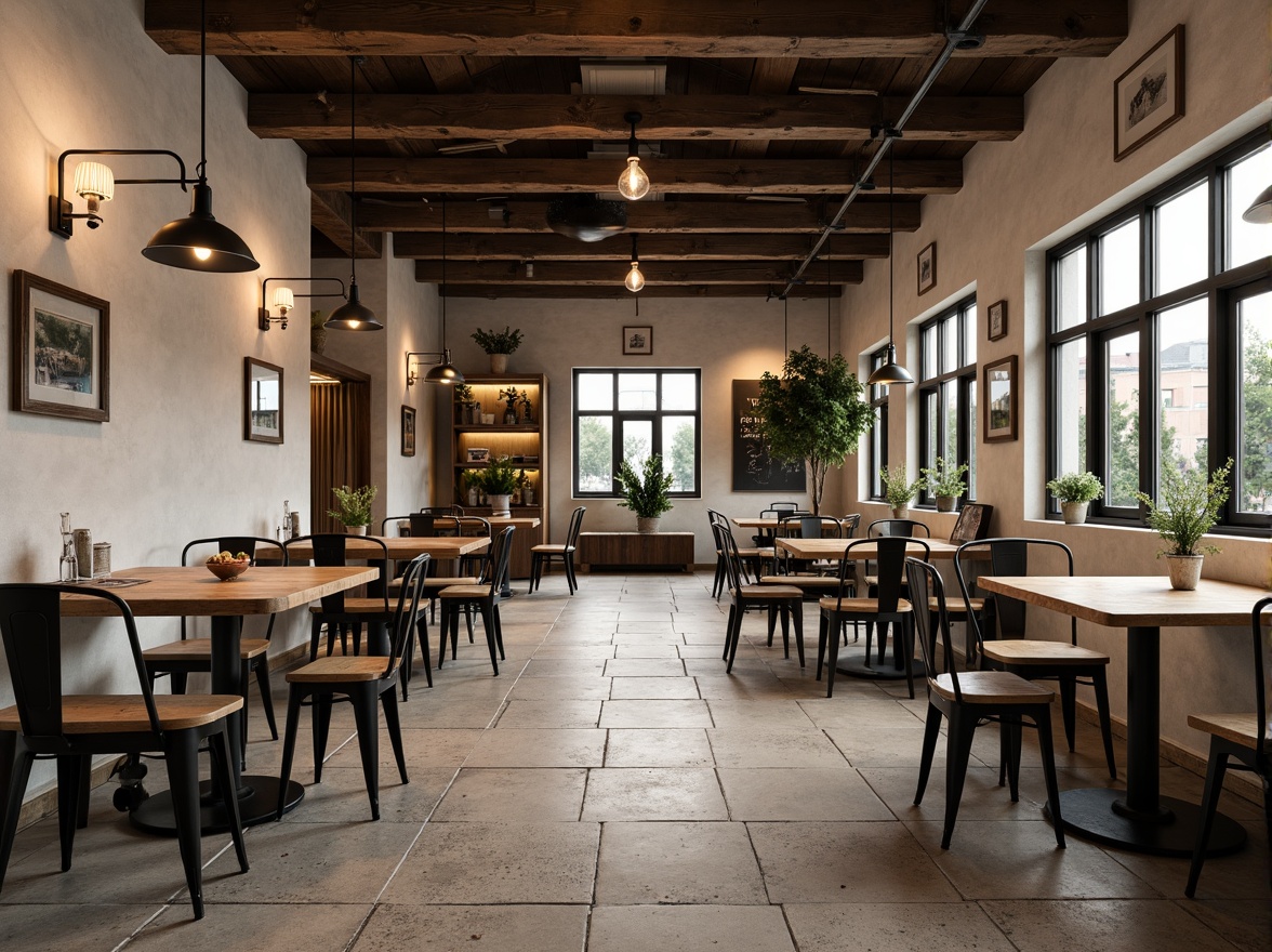 Prompt: Rustic wooden tables, industrial metal chairs, vintage pendant lamps, earthy color palette, natural stone floors, minimalist decorations, functional simplicity, clean lines, rectangular shapes, geometric patterns, abundant natural light, large windows, communal dining area, cozy atmosphere, warm lighting, shallow depth of field, 1/2 composition, realistic textures, ambient occlusion.