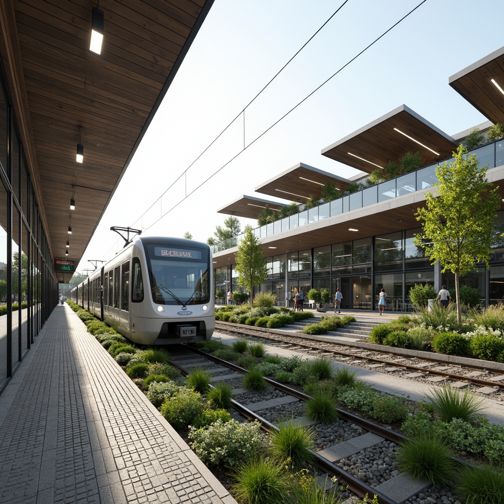 Prompt: Eco-friendly tram station, natural ventilation, green roofs, living walls, recycled metal structures, low-carbon concrete, FSC-certified wood accents, energy-efficient LED lighting, rainwater harvesting systems, permeable pavement, urban gardens, native plant species, modern minimalist architecture, large glass facades, transparent canopies, cantilevered rooflines, shallow depth of field, 1/1 composition, soft natural lighting, realistic textures, ambient occlusion.