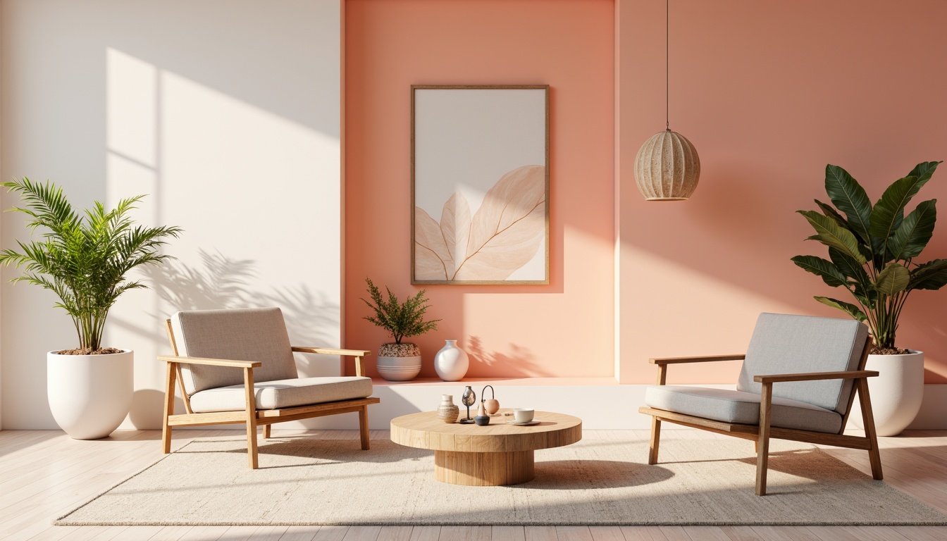 Prompt: Vibrant modern interior, sleek minimalist furniture, pastel color scheme, soft peach tones, creamy whites, rich charcoal accents, natural wood textures, geometric patterns, 3D visual effects, ambient lighting, shallow depth of field, realistic renderings.