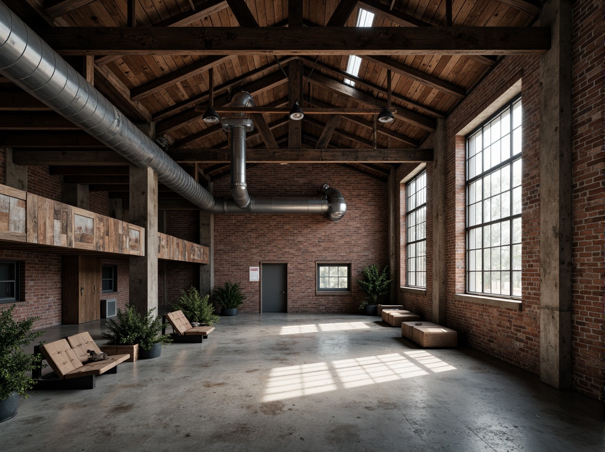 Prompt: Rustic warehouse, exposed brick walls, metal beams, industrial pipes, reclaimed wood accents, distressed textures, urban decay, gritty atmosphere, dramatic lighting, deep shadows, bold architectural forms, geometric patterns, minimalist aesthetic, functional design, raw concrete floors, steel columns, oversized windows, natural ventilation, ambient occlusion, cinematic composition, high contrast ratio, moody color palette.