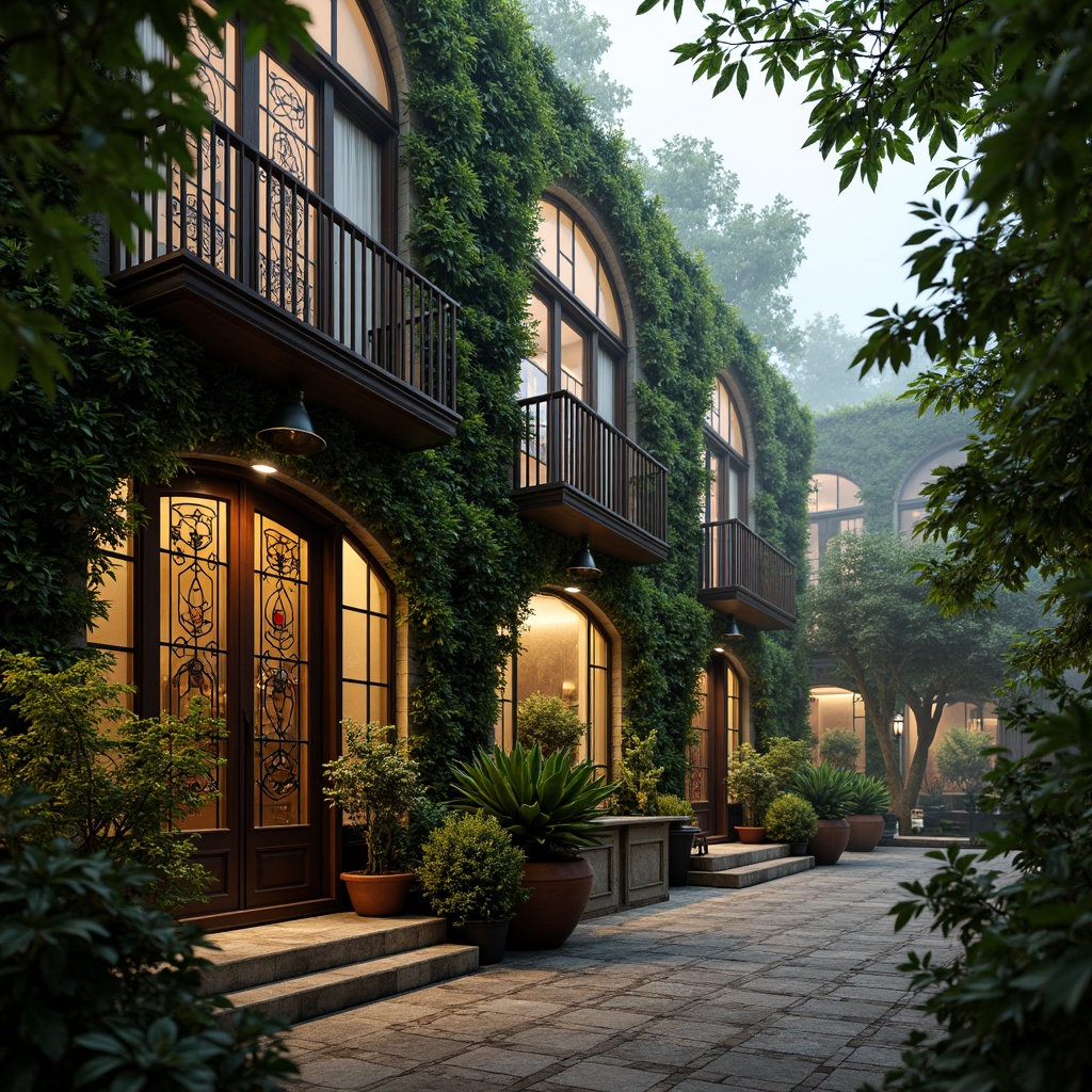 Prompt: Lush greenery, ornate ironwork, intricate glass patterns, grandeur architecture, symmetrical facades, decorative balconies, curved lines, floral motifs, verdant surroundings, misty atmosphere, warm soft lighting, shallow depth of field, 1/1 composition, realistic textures, ambient occlusion, ornate doorways, stained glass windows, terracotta pots, exotic plants, rustic stone walls, water features, serene ambiance.