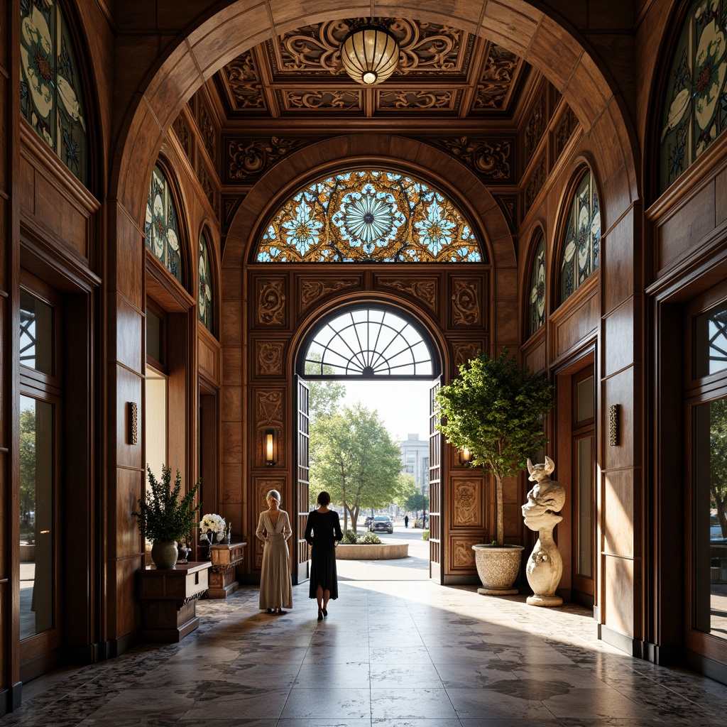 Prompt: Intricate floral patterns, sinuous lines, flowing curves, ornate metalwork, grandiose entranceways, luxurious materials, polished marble floors, carved wooden accents, stained glass windows, organic forms, natural motifs, whimsical sculptures, elegant typography, vintage color palette, soft warm lighting, shallow depth of field, 1/2 composition, realistic textures, ambient occlusion.