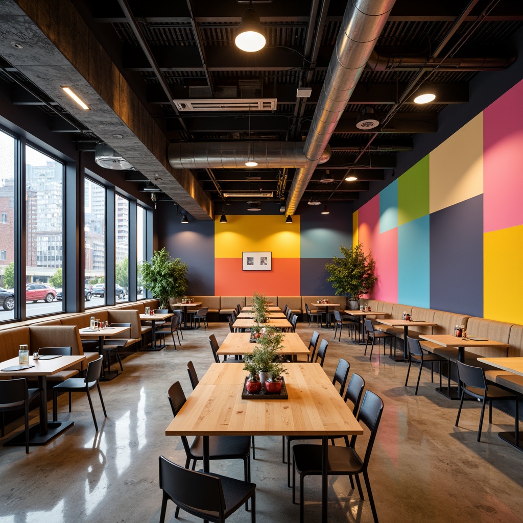 Prompt: Vibrant dining hall, geometric shapes, industrial chic, exposed ductwork, polished concrete floors, minimalist tables, modern chairs, bold color blocks, primary colors, secondary hues, pastel accents, metallic tones, warm lighting, atmospheric ambiance, high ceilings, large windows, urban views, abstract artwork, sculptural centerpieces, sleek lines, functional decor, 1/1 composition, soft focus, realistic rendering.