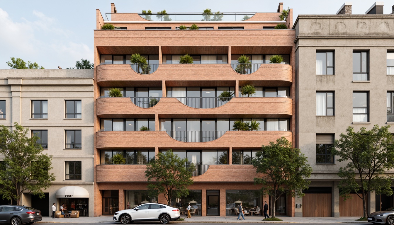 Prompt: Geometric brick facades, clean lines, minimalist ornaments, industrial materials, urban cityscape, modern streamline moderne style, curved balconies, rounded corners, horizontal emphasis, neutral color palette, warm beige tones, soft natural light, shallow depth of field, 1/1 composition, realistic textures, ambient occlusion.