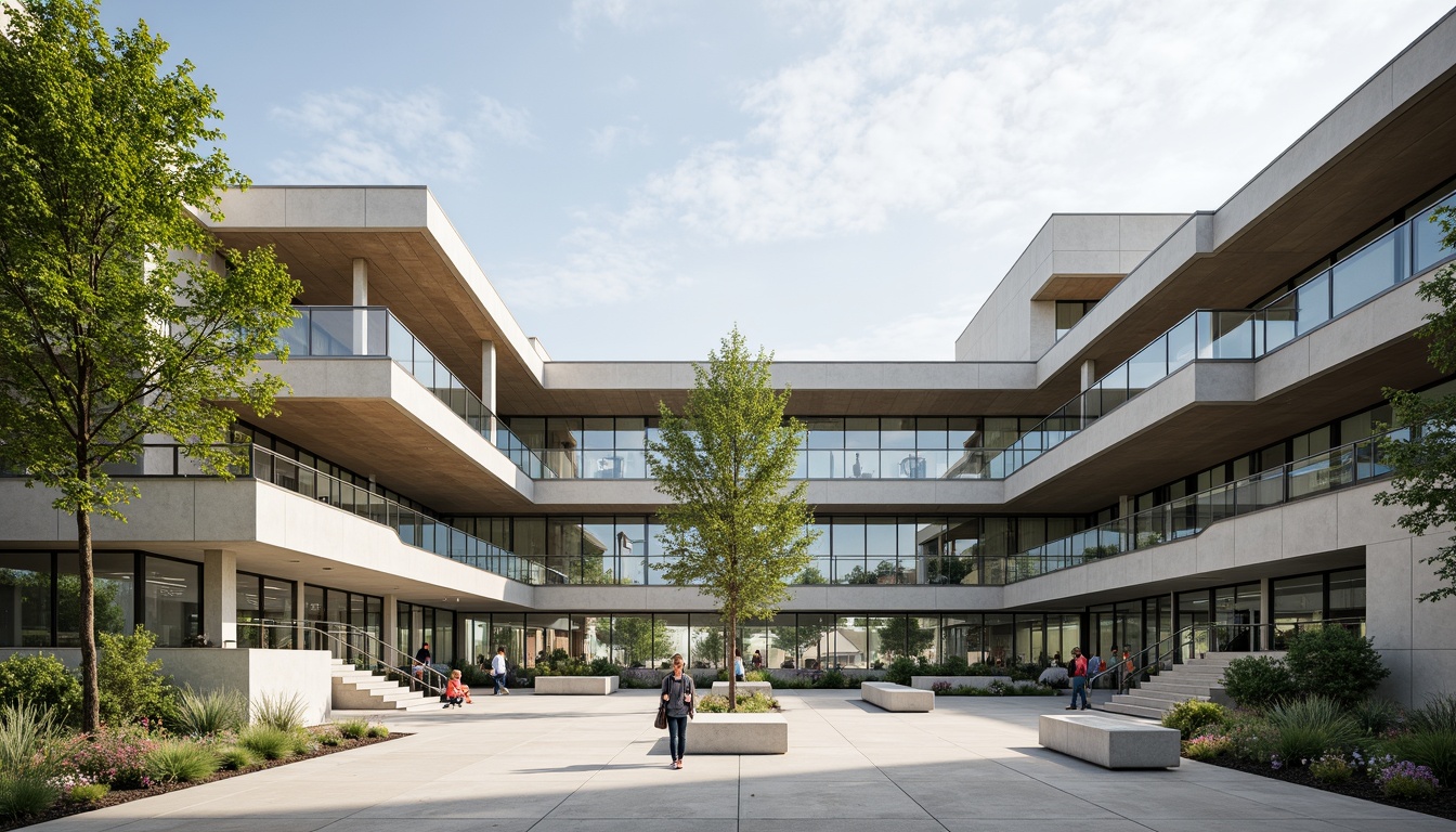 Prompt: Streamlined modern middle school facade, horizontal lines, rectangular forms, minimalist aesthetic, neutral color palette, abundant natural light, clerestory windows, cantilevered rooflines, open courtyard, vibrant greenery, educational signage, metal accents, glass railings, polished concrete floors, industrial-chic lighting fixtures, shallow depth of field, 2/3 composition, realistic textures, ambient occlusion.