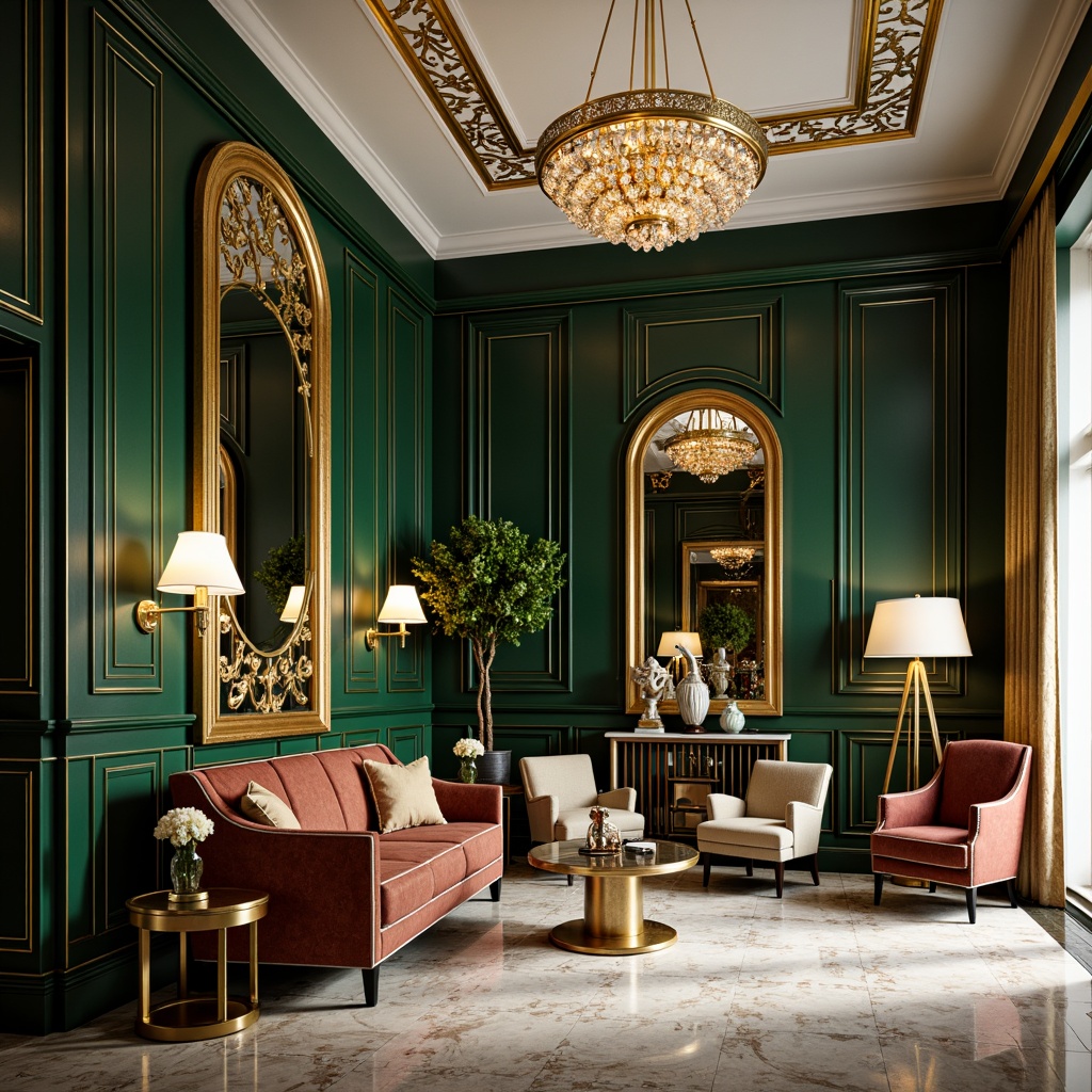 Prompt: Luxurious Art Deco interior, rich jewel-toned walls, metallic accents, ornate geometric patterns, velvet drapes, marble floors, crystal chandeliers, gilded mirrors, sophisticated color scheme, bold black outlines, warm golden hues, soft creamy whites, deep emerald greens, luxurious satin fabrics, opulent furniture designs, vintage decorative accessories, elegant floor lamps, refined ambiance, high-contrast lighting, dramatic shadows, ornate moldings, lavish decorations.