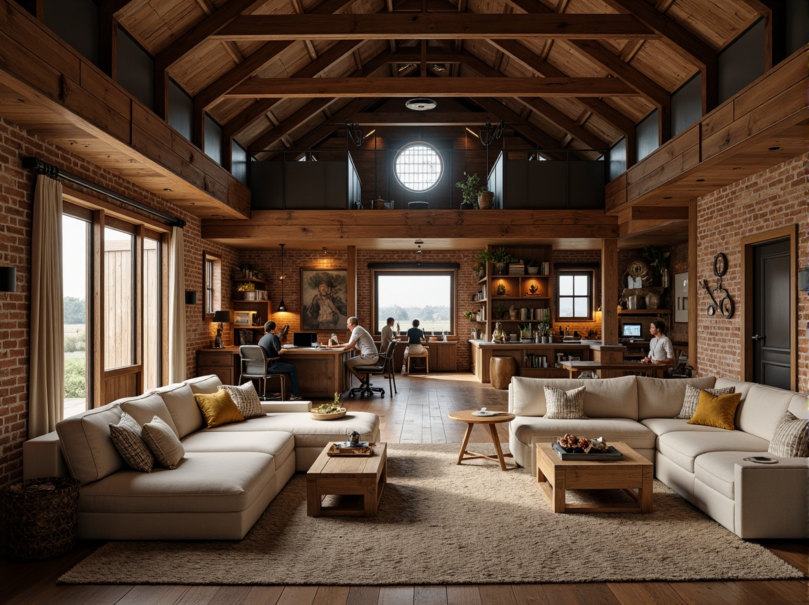 Prompt: Rustic barn, reclaimed wood accents, exposed brick walls, vintage farm tools, industrial metal beams, earthy color palette, natural stone flooring, cozy reading nooks, plush sectional sofas, wooden coffee tables, pendant lighting fixtures, sliding barn doors, open-plan living areas, functional workstations, built-in shelving units, rustic wooden decor, warm ambient lighting, shallow depth of field, 1/1 composition, realistic textures, atmospheric fog effects.