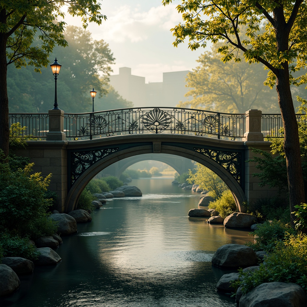 Prompt: Intricate ironwork bridges, ornate lamp posts, curved banisters, flowing organic lines, botanical motifs, stylized flowers, sinuous tendrils, shimmering water reflections, misty atmospheric effects, warm golden lighting, low-key dramatic shadows, 1/2 composition, asymmetrical balance, vibrant turquoise accents, rustic stone foundations, moss-covered abutments, lush greenery surroundings, serene river flowing beneath.