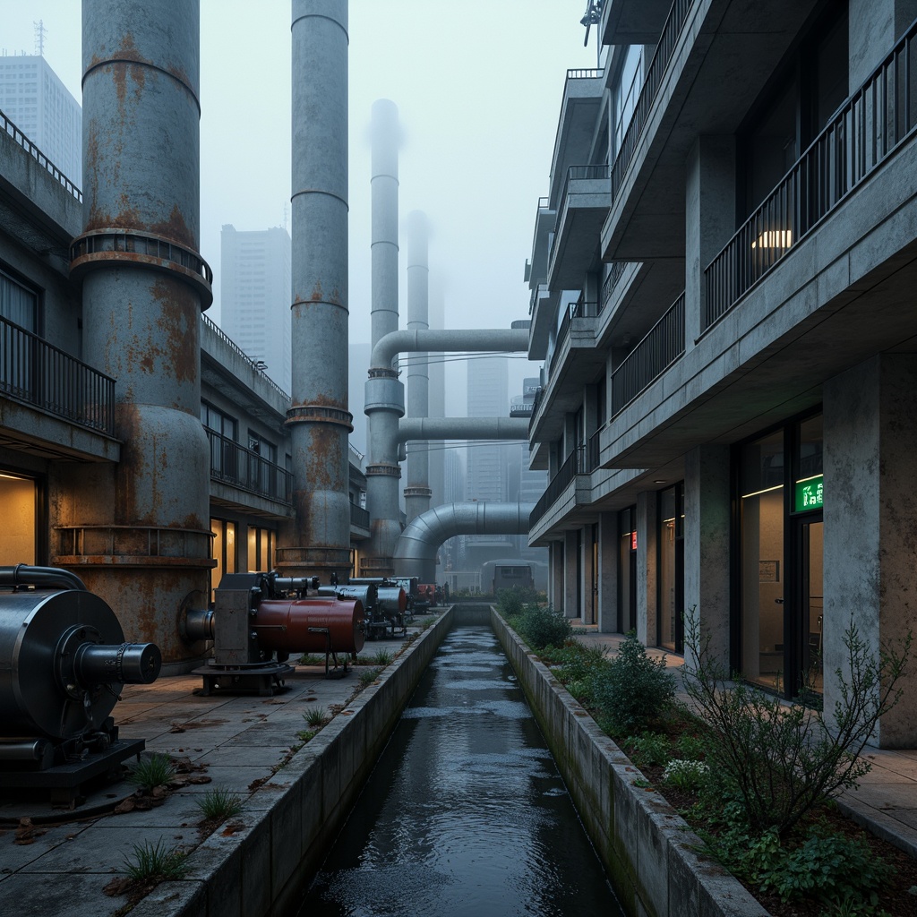 Prompt: Industrial energy plant, metallic pipes, rusty textures, concrete foundations, steel frameworks, mechanical equipment, turbines, generators, control rooms, futuristic architecture, neon lighting, urban cityscape, foggy atmosphere, dramatic shadows, high contrast, 3/4 composition, shallow depth of field, realistic reflections, ambient occlusion.