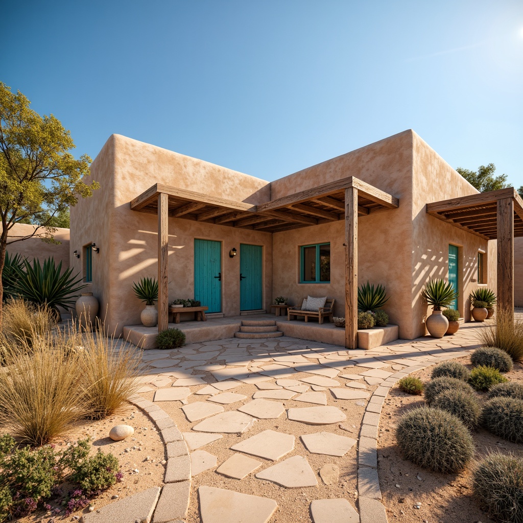 Prompt: Earthy regionalism, warm adobe architecture, rustic stone walls, weathered wood accents, vibrant turquoise doors, distressed metal roofing, soft sandy dunes, cacti plants, clear blue skies, warm sunny day, shallow depth of field, 3/4 composition, panoramic view, realistic textures, ambient occlusion, terracotta pottery, woven textiles, geometric patterns, natural fabrics, earthy color palette, warm beige tones, burnt orange hues, soft sage greens, dusty lavender shades.