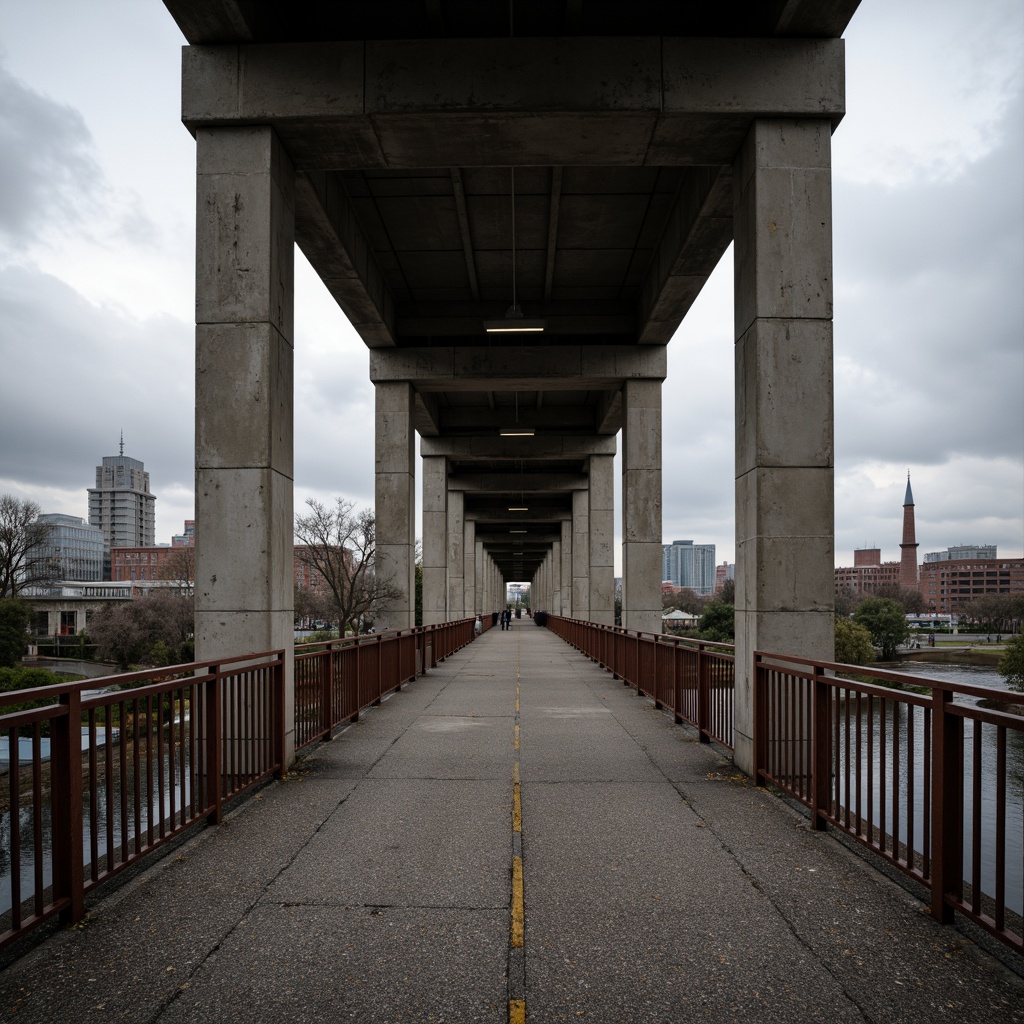 Prompt: Rugged pedestrian bridge, exposed concrete structure, rough-textured aggregate, weathered steel railings, brutalist architecture, urban cityscape, industrial landscape, gloomy overcast sky, dramatic shadows, high-contrast lighting, angular composition, symmetrical framing, raw concrete pillars, metal grating walkway, rust-colored accents, industrial-style lighting fixtures, functional design, minimalist aesthetic, urban decay, neglected infrastructure, moody atmosphere, gritty textures, harsh geometric forms.