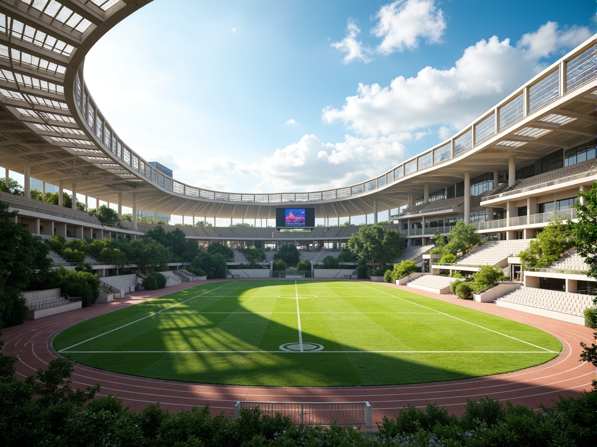 Prompt: Undulating sports stadium, flowing curves, dynamic lines, vibrant green turf, athletic tracks, sleek scoreboard displays, modern LED lighting, transparent acrylic panels, minimalist steel structures, organic shapes, fluid motion, futuristic architecture, angular supports, cantilevered roofs, natural stone walls, lush vegetation, sunny day, soft warm lighting, shallow depth of field, 3/4 composition, panoramic view, realistic textures, ambient occlusion.