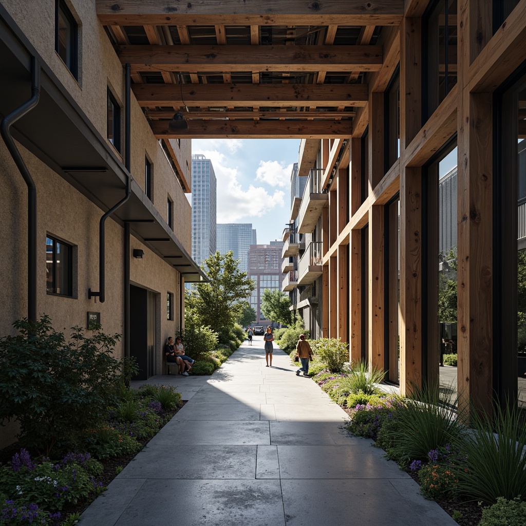 Prompt: Urban alleyway, industrial chic, reclaimed wood accents, metal beams, concrete floors, minimal ornamentation, neutral color palette, subtle lighting, urban skyline views, city soundscape, brutalist architecture, functional simplicity, raw textures, distressed finishes, industrial heritage, adaptive reuse, converted warehouses, rooftop gardens, vertical green walls, modern urban living, compact spaces, efficient layouts, multi-functional furniture, innovative storage solutions, natural ventilation systems, abundant natural light, 1/2 composition, high contrast lighting, cinematic atmosphere.