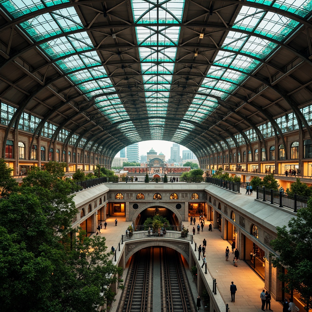 Prompt: Grandiose train station, ornate metal framework, flowing curvilinear lines, vibrant turquoise tiles, stained glass canopies, intricate mosaics, lush greenery, urban cityscape, bustling streets, modern skyscrapers, historic landmarks, pedestrian bridges, underground tunnels, warm golden lighting, shallow depth of field, 1/1 composition, symmetrical architecture, ornate ironwork, detailed stonework, elegant typography, eclectic architectural styles, cultural heritage preservation.