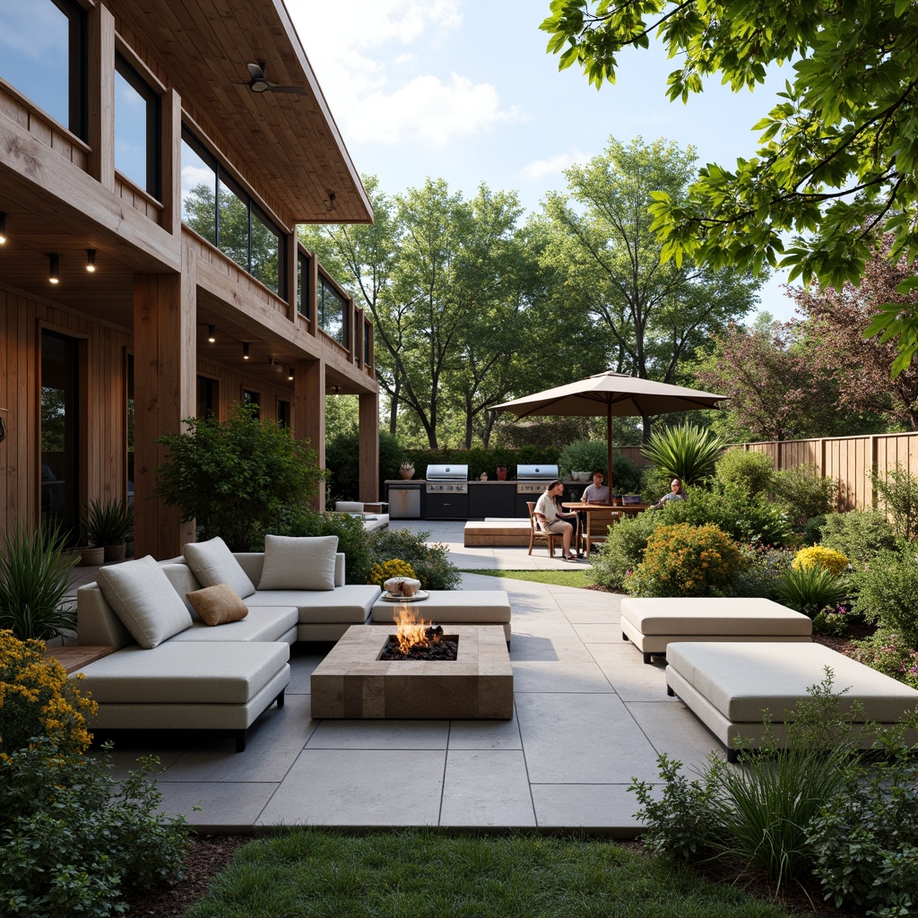 Prompt: Inviting patio, lush greenery, modern outdoor furniture, cozy fire pit, ambient string lights, natural stone flooring, wooden accents, built-in planters, vibrant flowers, spacious seating areas, shaded canopies, retractable awnings, functional storage, outdoor kitchen, BBQ grill, countertops, stainless steel appliances, refreshing misting system, warm sunny day, soft focus photography, 3/4 composition, realistic textures.