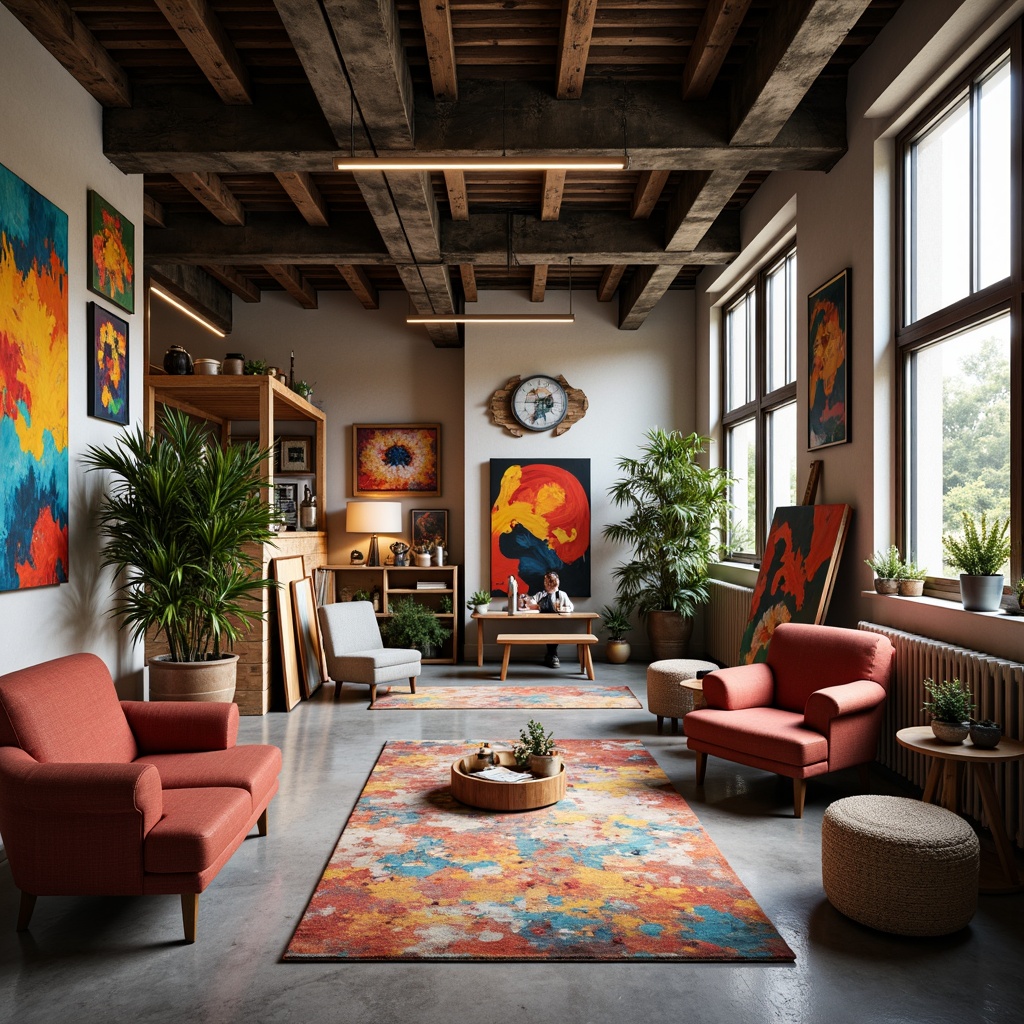 Prompt: Vibrant art studio, eclectic furniture, bold brushstrokes, abstract artwork, creative color schemes, harmonious hues, contrasting textures, rustic wooden accents, industrial metal frames, modern minimalist decor, natural light pouring, warm atmospheric lighting, shallow depth of field, 1/1 composition, realistic renderings, ambient occlusion.